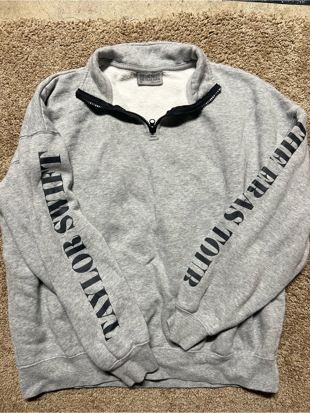 Taylor Swift Light Gray Zip-Up Tour Sweatshirt with Sleeve Text